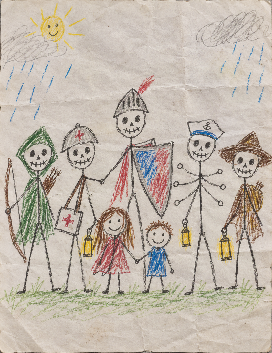 A child's crayon drawing of five smiling skeletal guardians protecting two children holding hands; the sailor has six arms.