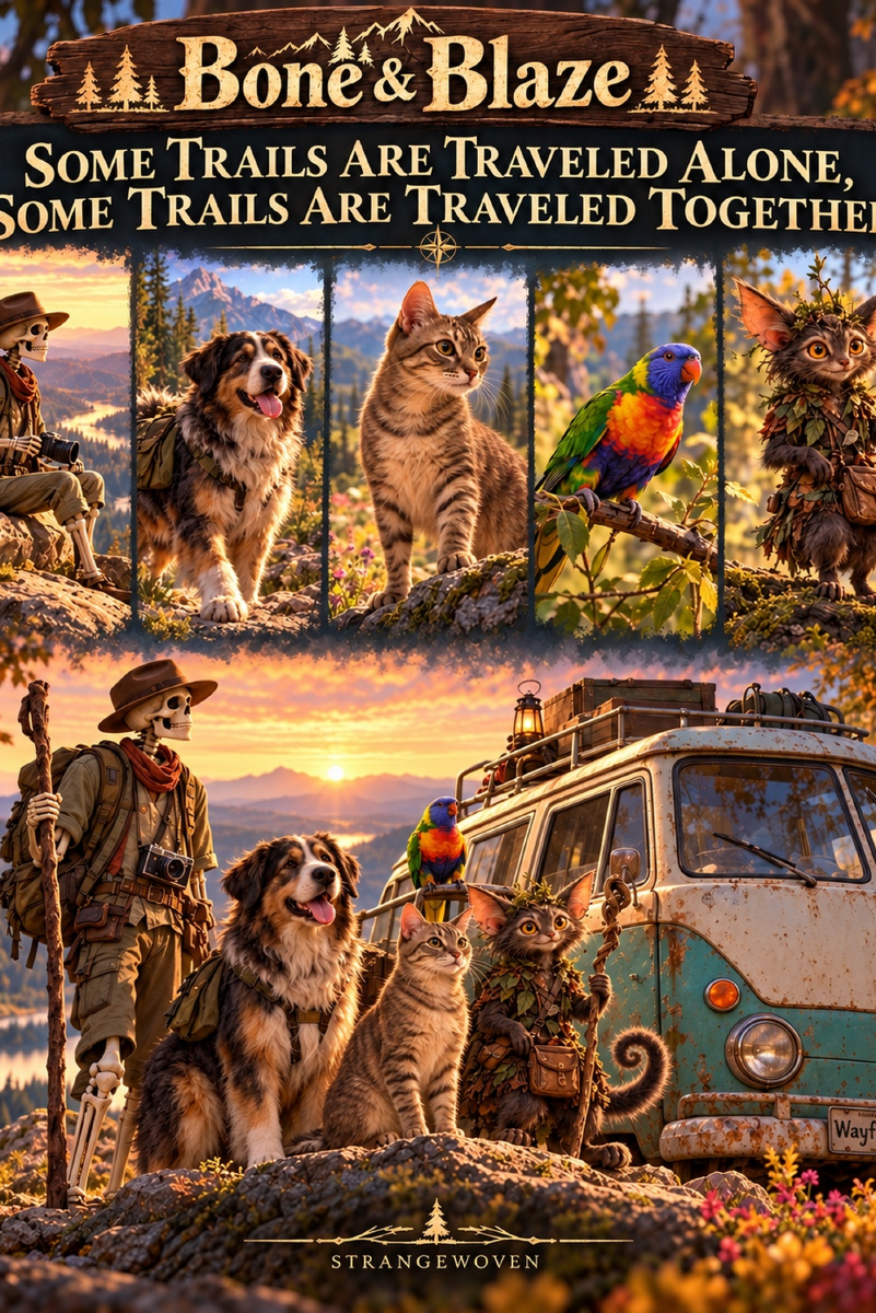 Bone & Blaze novel cover, with Bone and his trail companions beside the Wayfinder van.