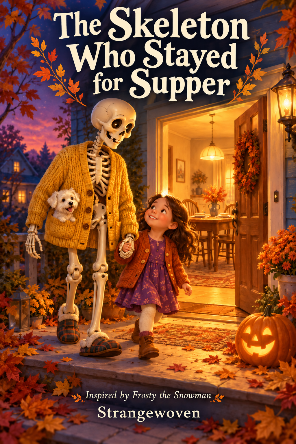 Click, a friendly plastic skeleton in a yellow cardigan, holds June’s hand on a warmly lit autumn porch, with Pip the white dog in his pocket.