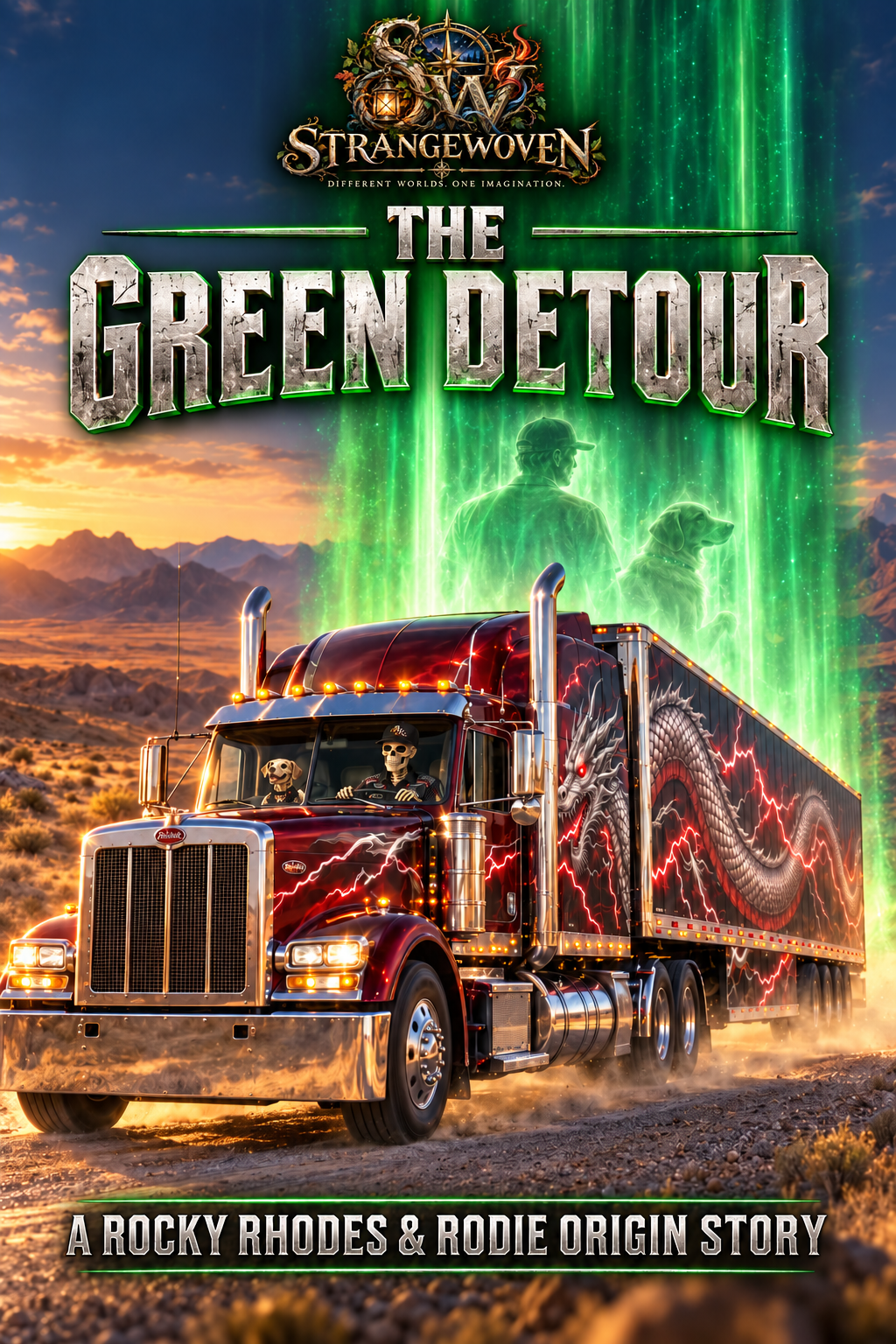 Rocky and Rodie drive their crimson dragon-painted truck out of a mysterious green light, beneath the Strangewoven imprint.