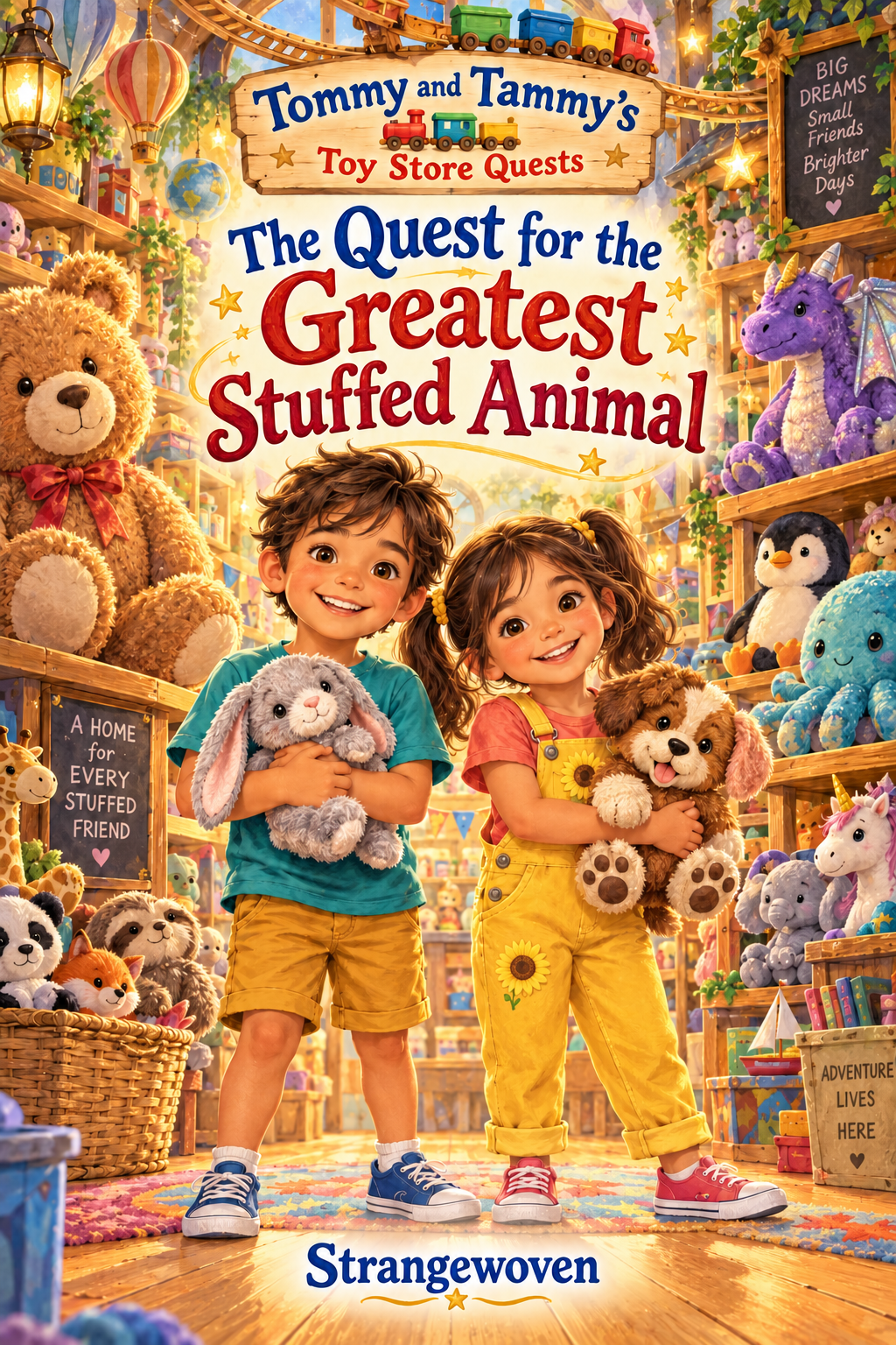 Tommy and Tammy holding Biscuit the gray rabbit and Pip the brown puppy in a colorful toy store. A Strangewoven picture book.