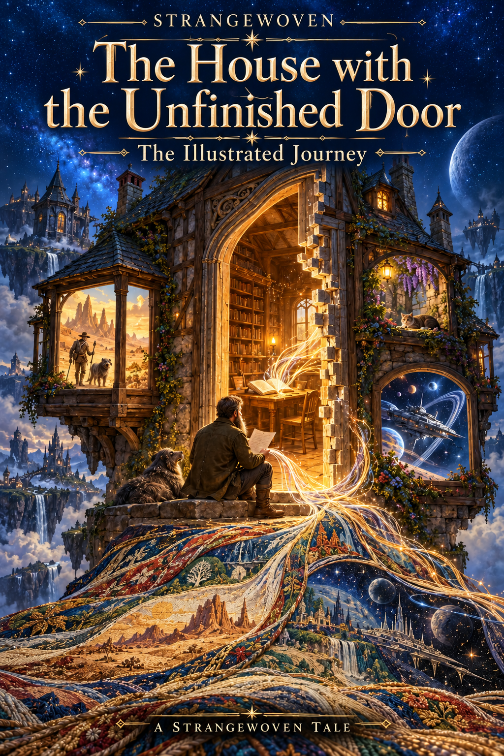 A glowing unfinished doorway opens into a house of stories, with a storyteller, woven landscapes, and windows into Strangewoven worlds.