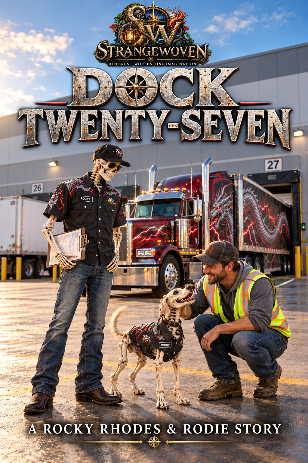 Rocky holds his delivery paperwork while Caleb greets Rodie beside the dragon-painted truck at dock 27.