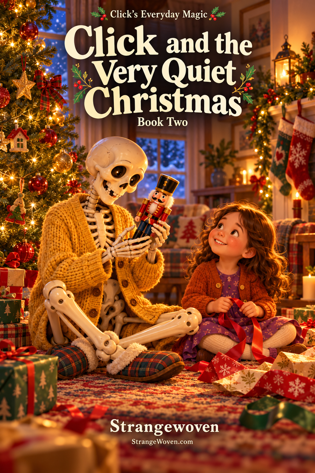 Click, wearing his yellow cardigan and plaid slippers, holds a small red-coated nutcracker beside June and a glowing Christmas tree. Cover of Click and the Very Quiet Christmas, Book Two of Click’s Everyday Magic.