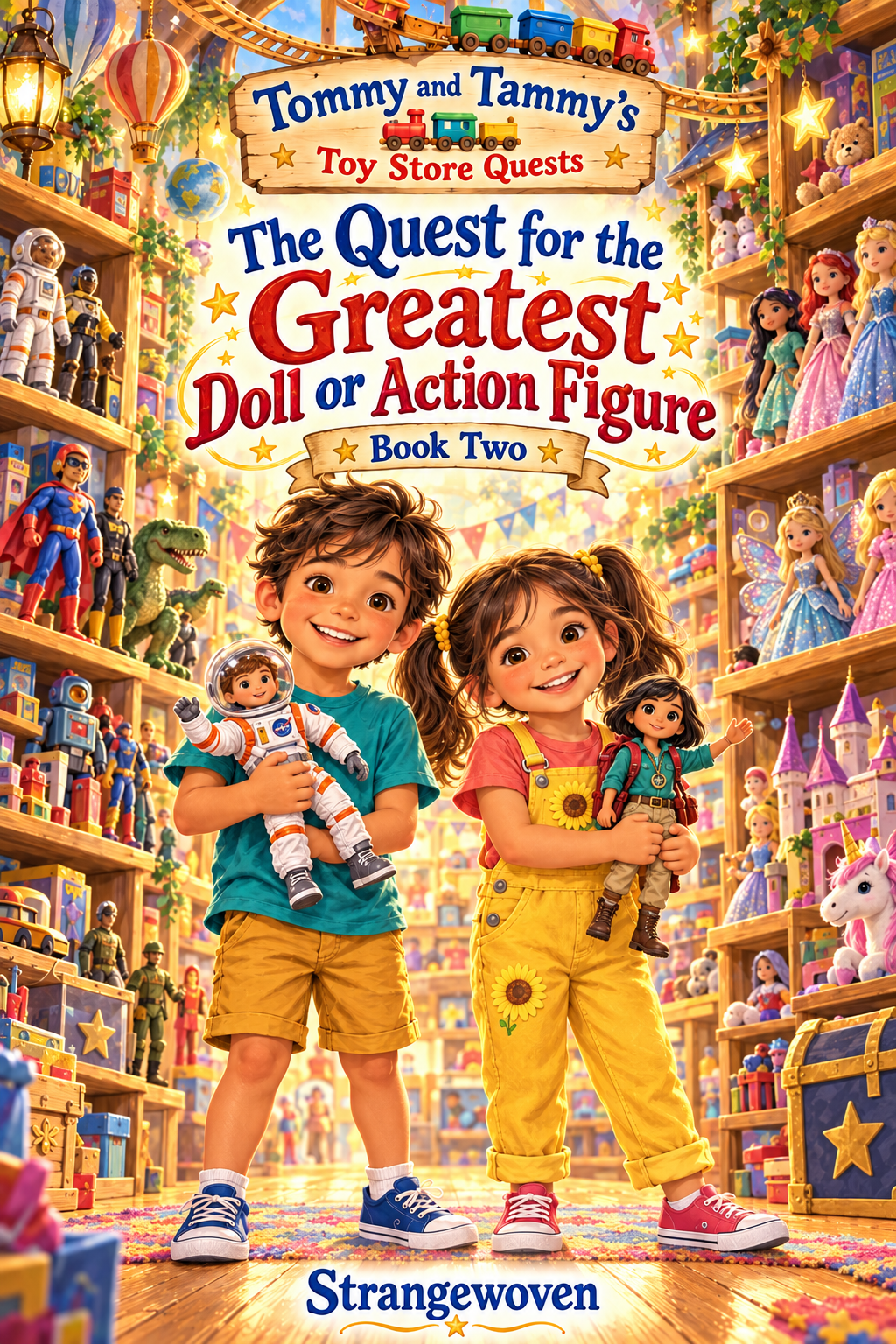 Tommy holding Commander Button the astronaut and Tammy holding Nell the explorer in the toy store. Book Two, presented by Strangewoven.