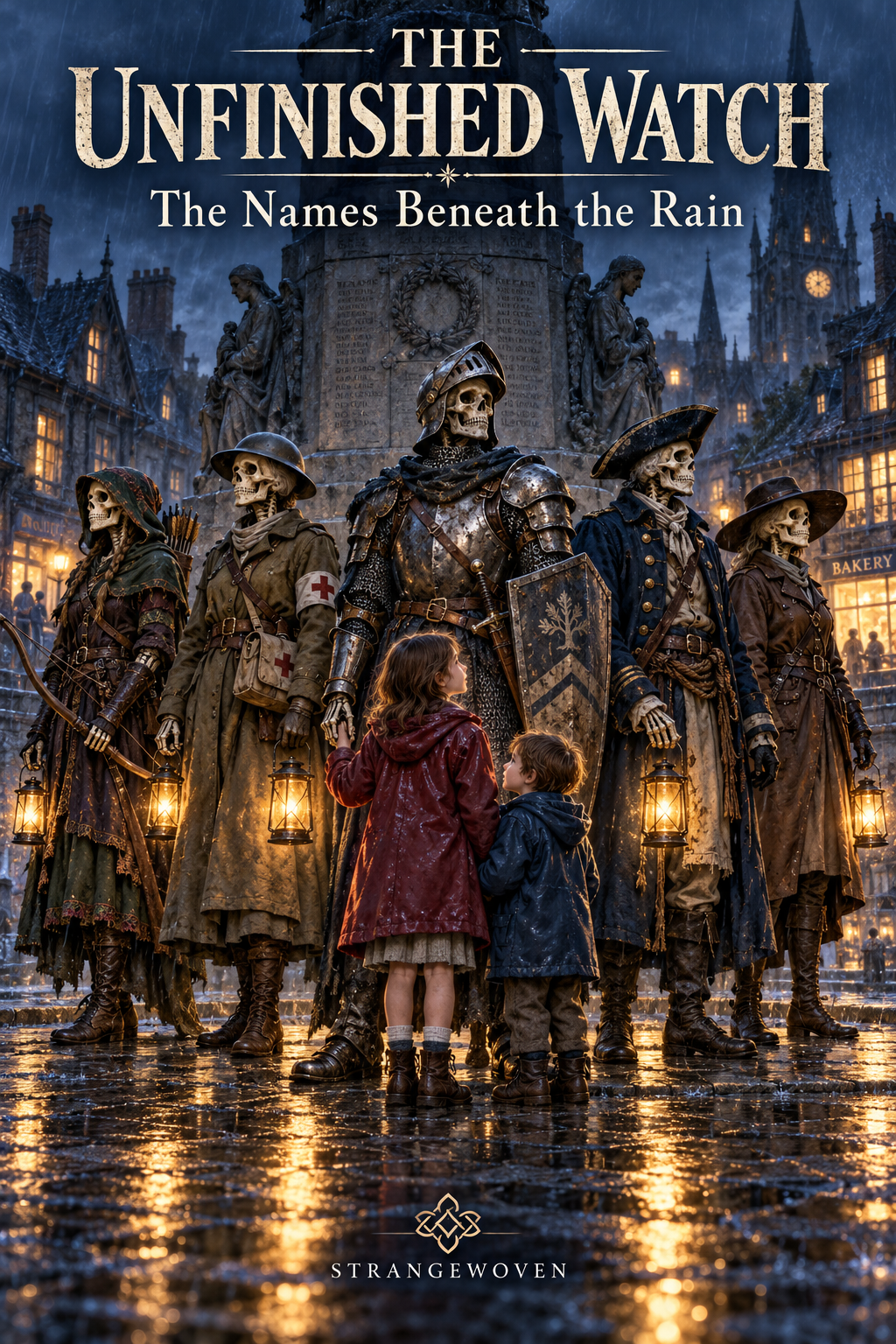 Five skeletal warriors from different eras protect Nell and Kit beside a rain-soaked war memorial.
