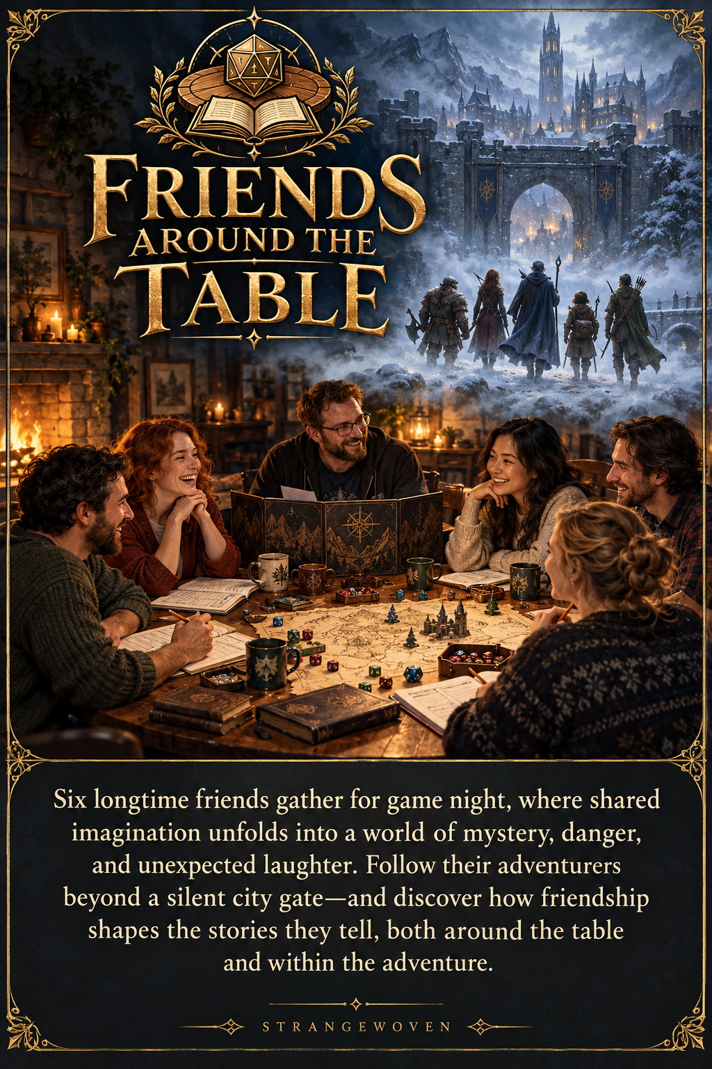 Six longtime friends share a tabletop adventure beneath a snowy fantasy city. Friends Around the Table, a Strangewoven novella.