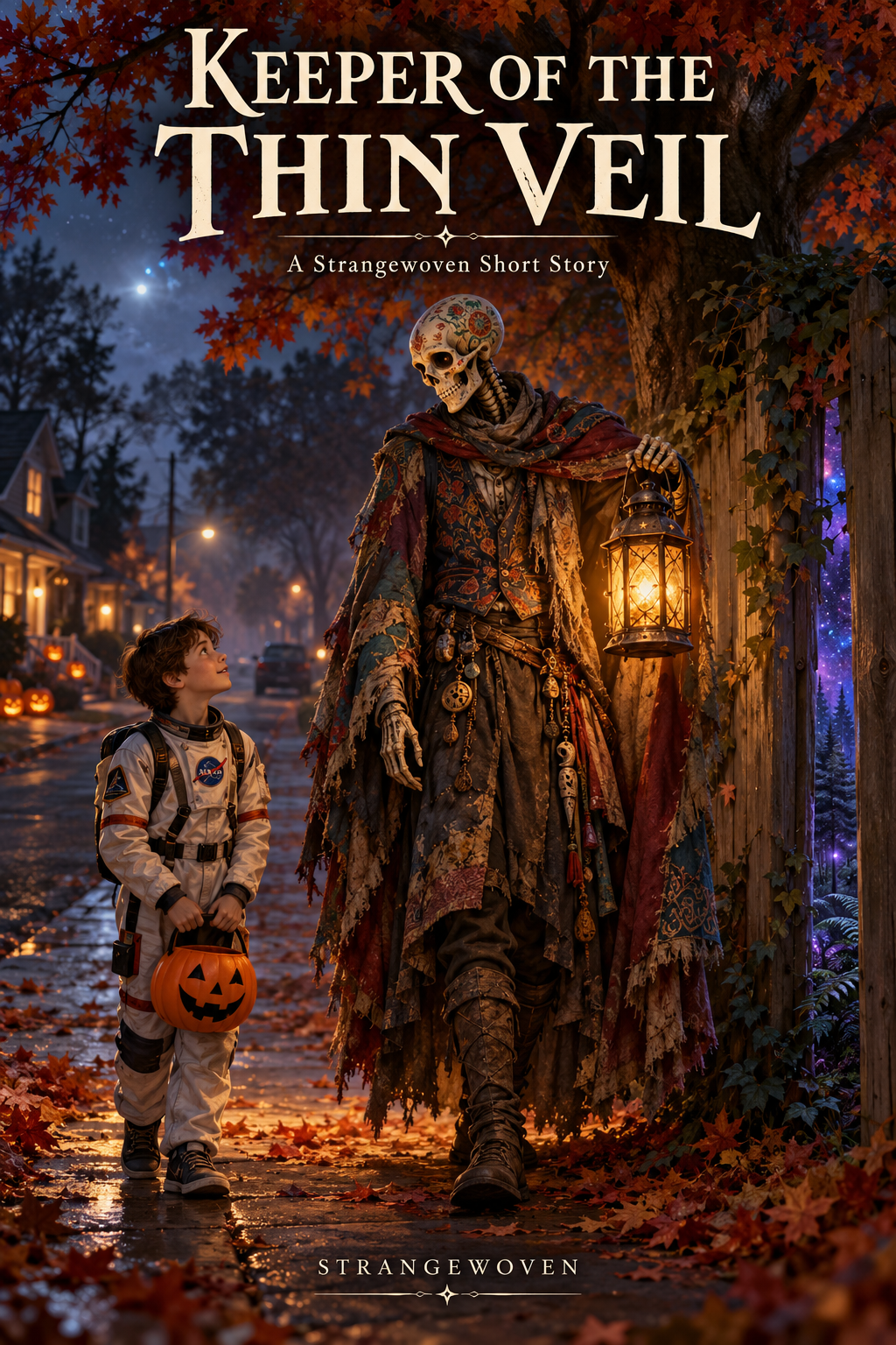 A decorated skeletal Keeper holds an amber lantern beside Eli in an astronaut costume, beneath autumn leaves near a fence opening onto violet starlight.