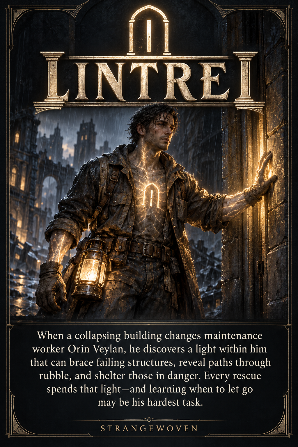 Lintrel, Orin Veylan, stands amid rain and rubble with a glowing lantern and light tracing his skin as he braces a doorway.