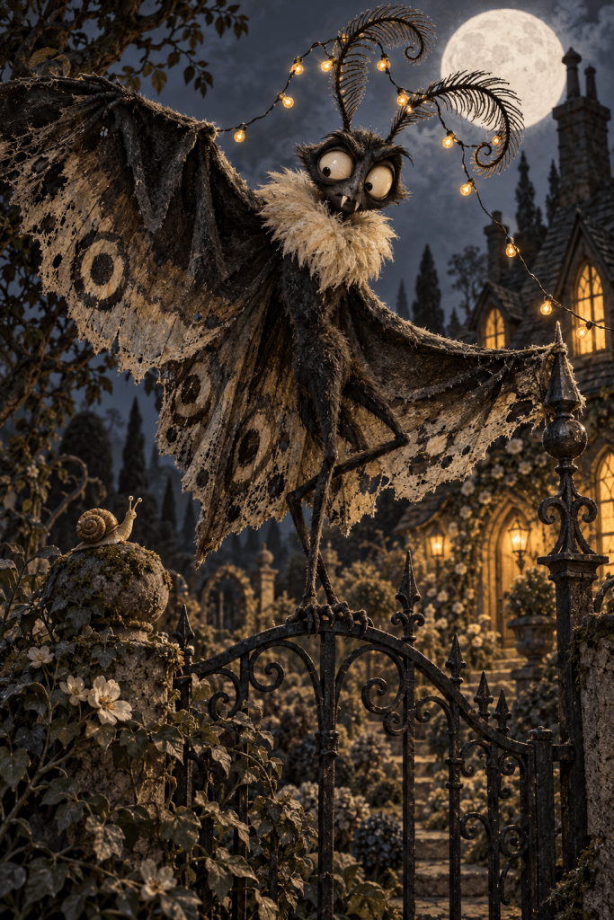 Oswick, a lanky moth creature with ragged wings and curled antennae, attempts a dramatic entrance while tangled in garden lights. Book One of A Frightful Inconvenience.