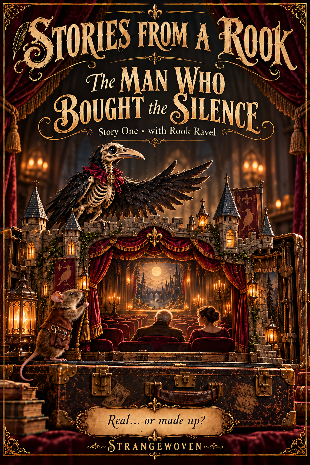 Illustrated Gothic theater cover for The Man Who Bought the Silence, with Rook Ravel and Pip framing a scene from the story.
