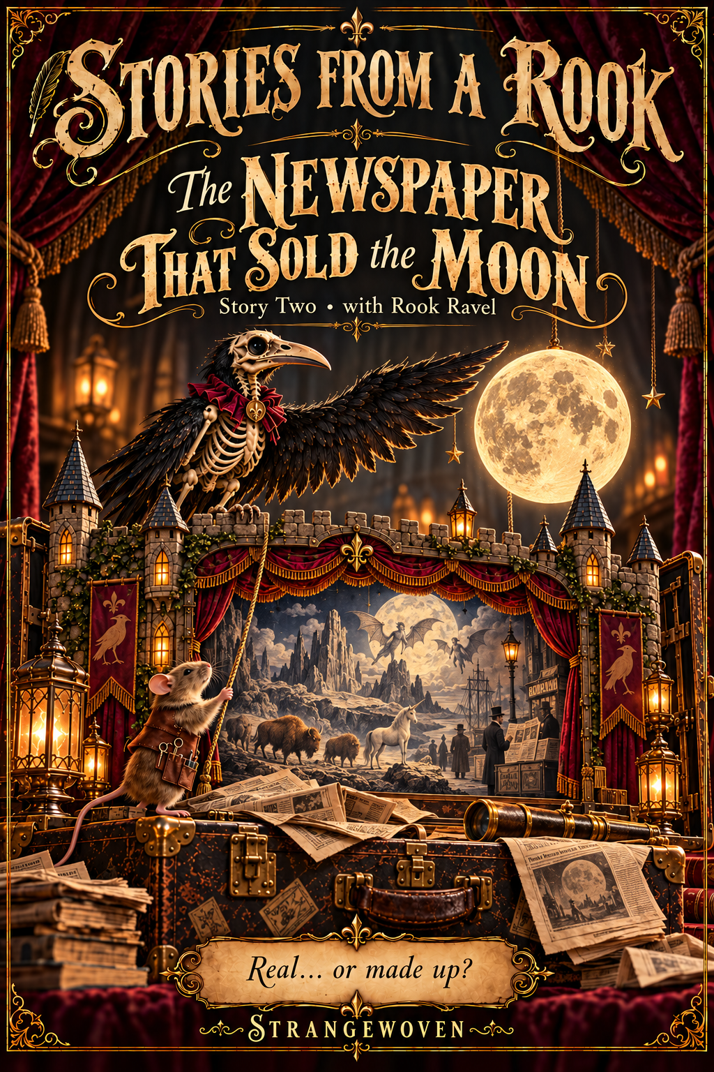 Illustrated Gothic theater cover for The Newspaper That Sold the Moon, with Rook Ravel and Pip framing a scene from the story.