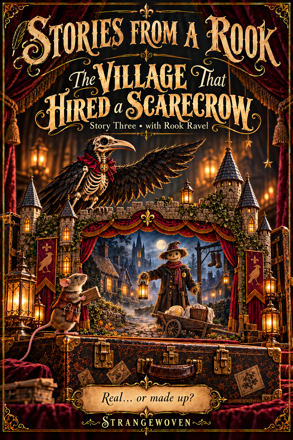 Illustrated Gothic theater cover for The Village That Hired a Scarecrow, with Rook Ravel and Pip framing a scene from the story.