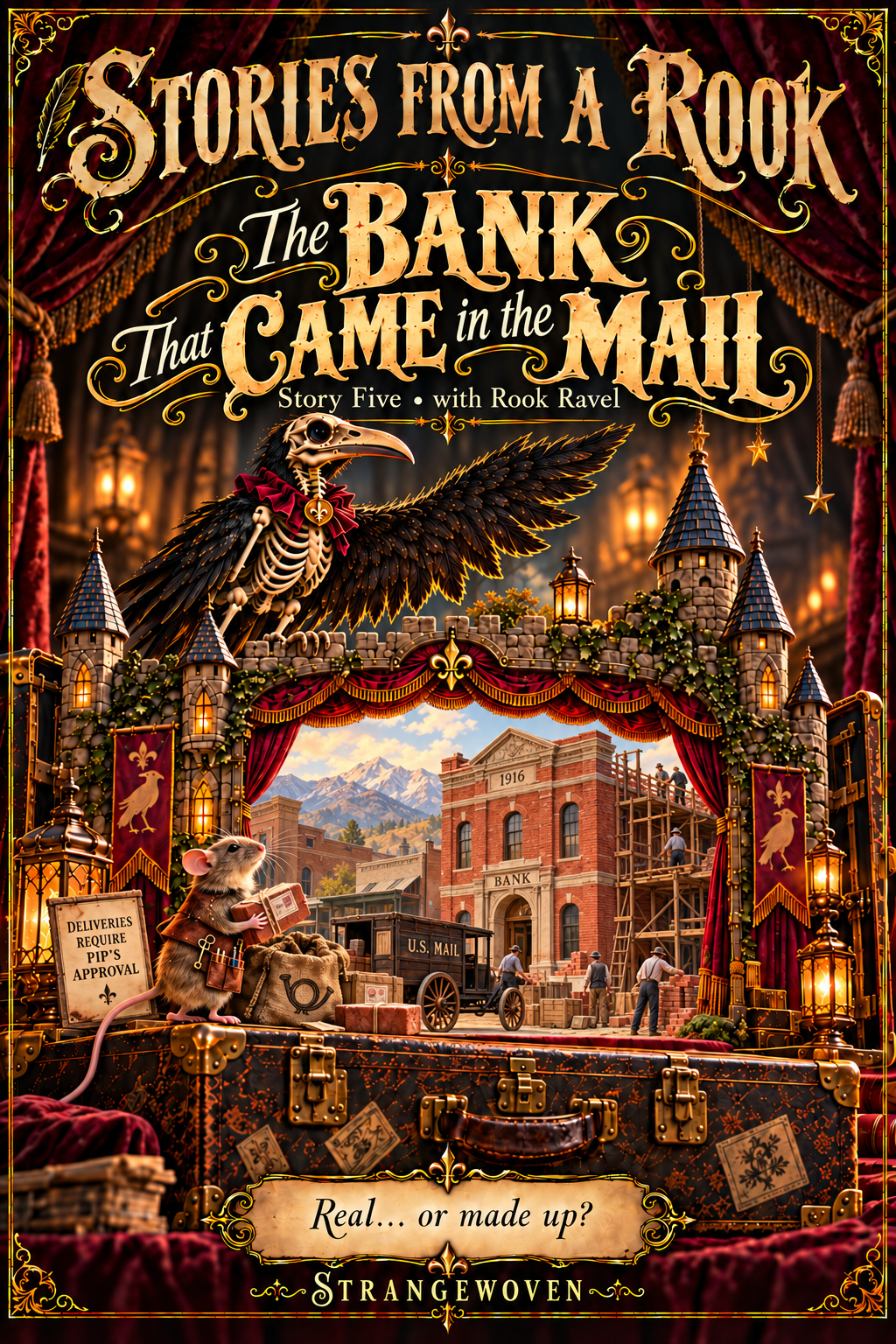 Illustrated Gothic theater cover for The Bank That Came in the Mail, with Rook Ravel and Pip framing a scene from the story.