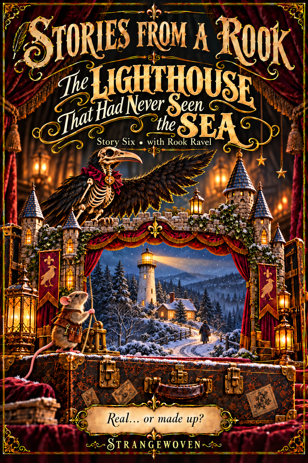 Illustrated Gothic theater cover for The Lighthouse That Had Never Seen the Sea, with Rook Ravel and Pip framing a scene from the story.