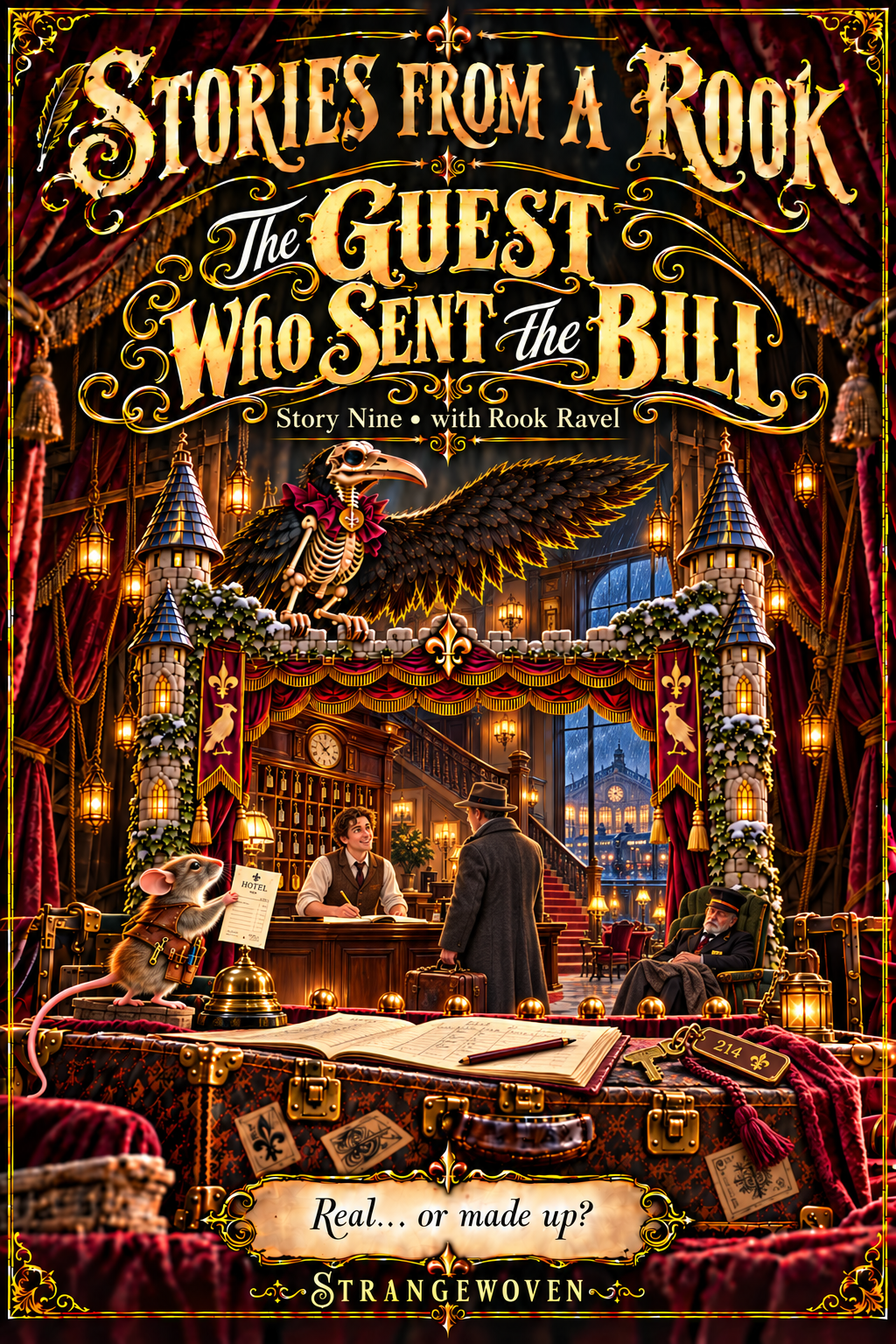 Illustrated Gothic theater cover for The Guest Who Sent the Bill, with Rook Ravel and Pip framing a scene from the story.