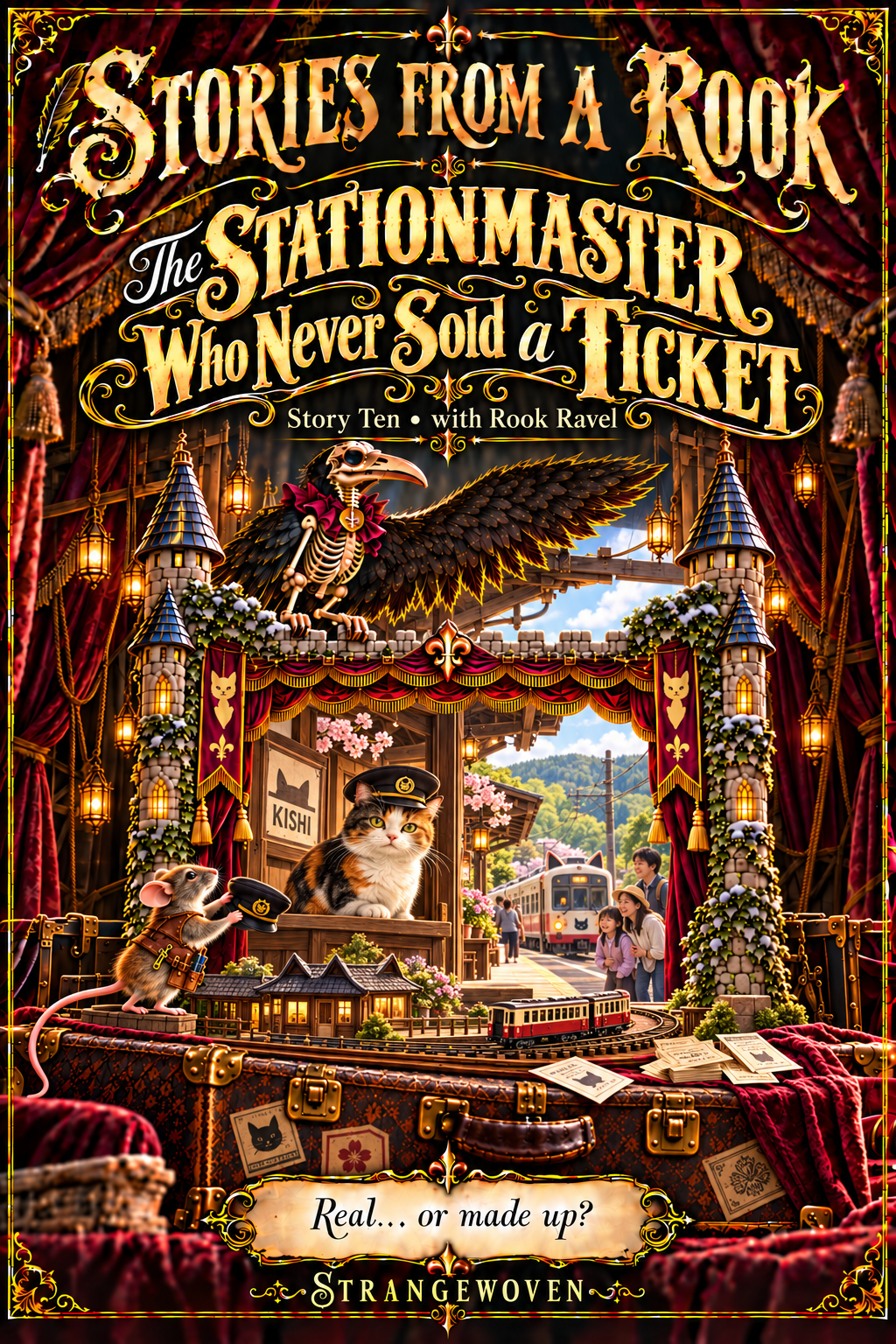 Illustrated Gothic theater cover for The Stationmaster Who Never Sold a Ticket, with Rook Ravel and Pip framing a scene from the story.