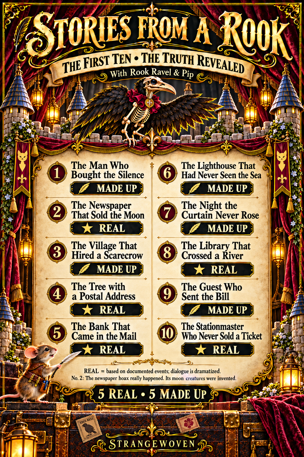 Spoiler poster revealing which of the first ten Stories from a Rook are real and which are made up.