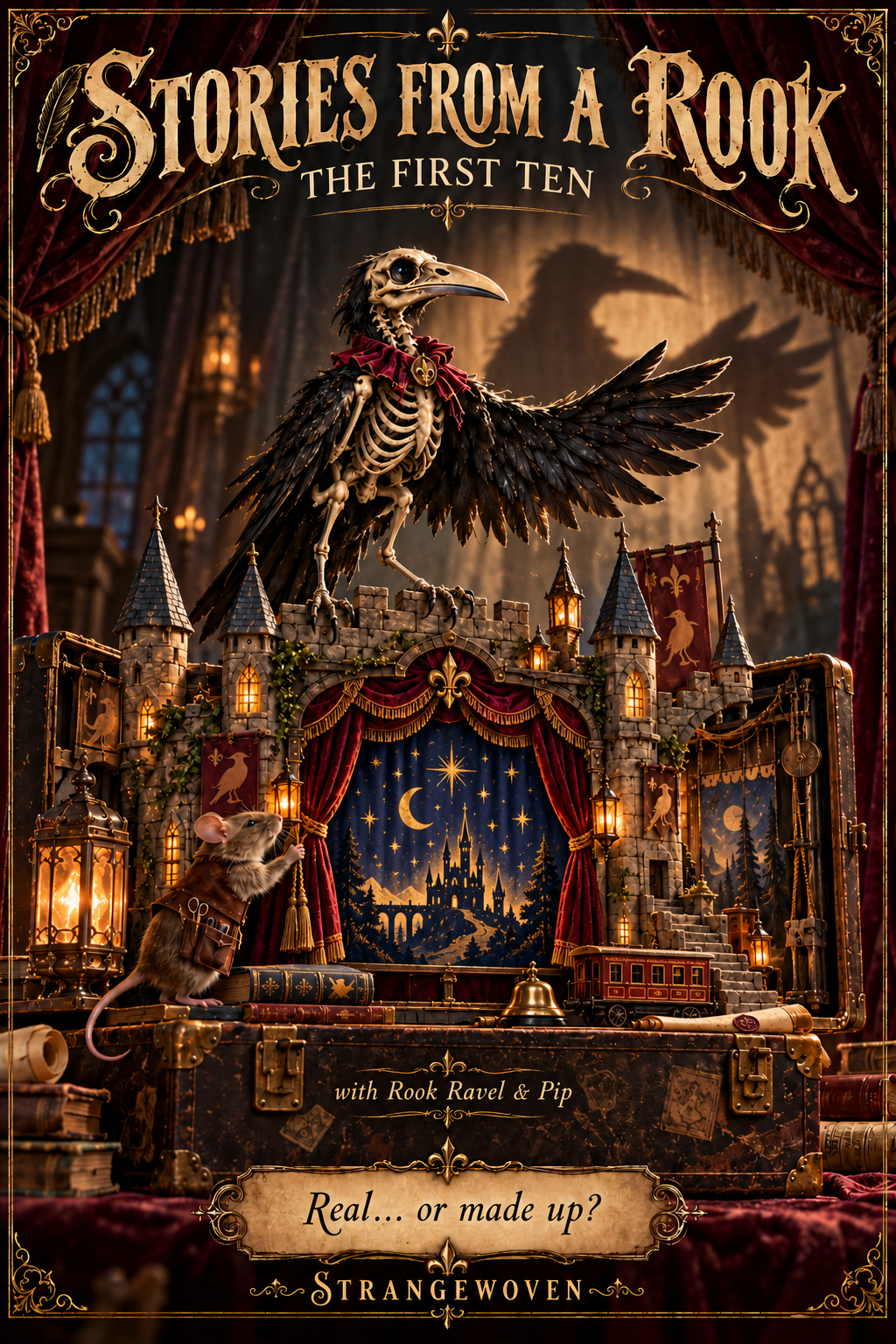 Rook Ravel, a skeletal rook, performs above Pip’s miniature Gothic castle theater. Cover of Stories from a Rook: The First Ten.