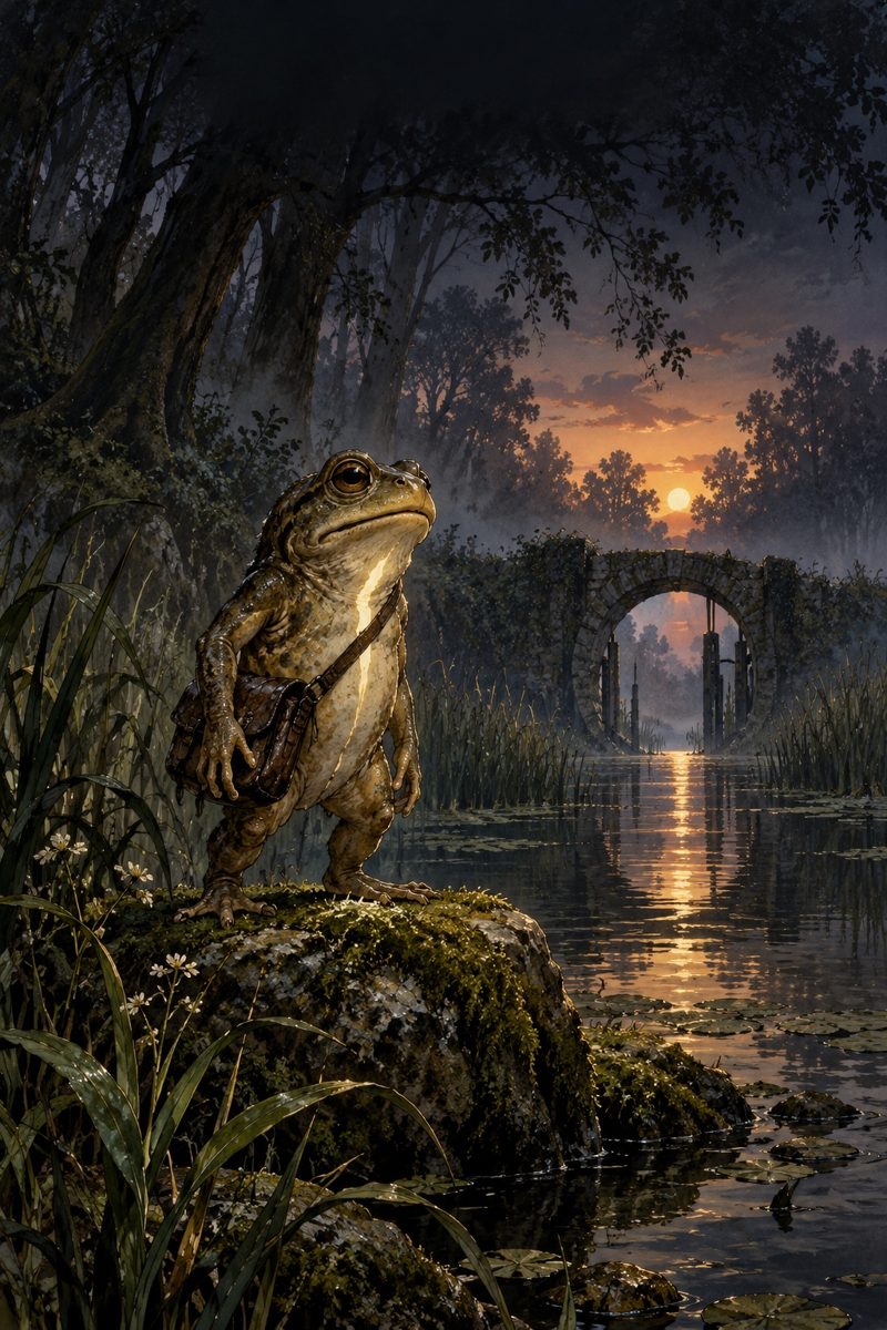 Digital artwork of a toad beside a stream and stone bridge at twilight.