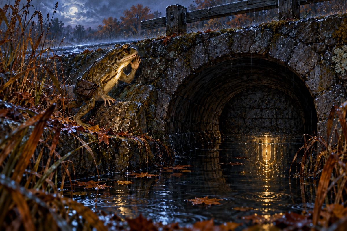 Digital artwork of a toad beside a stone bridge with a golden reflection in the water.