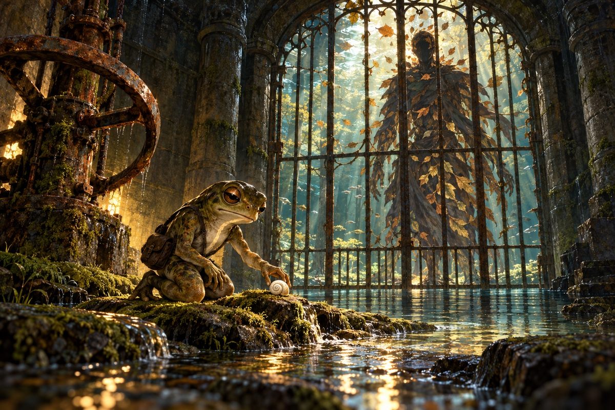 Digital artwork of a toad before an iron gate in a mossy forest.
