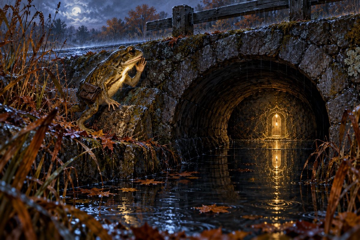 Digital artwork of a toad beside a stone bridge and a glowing doorway reflected in water.