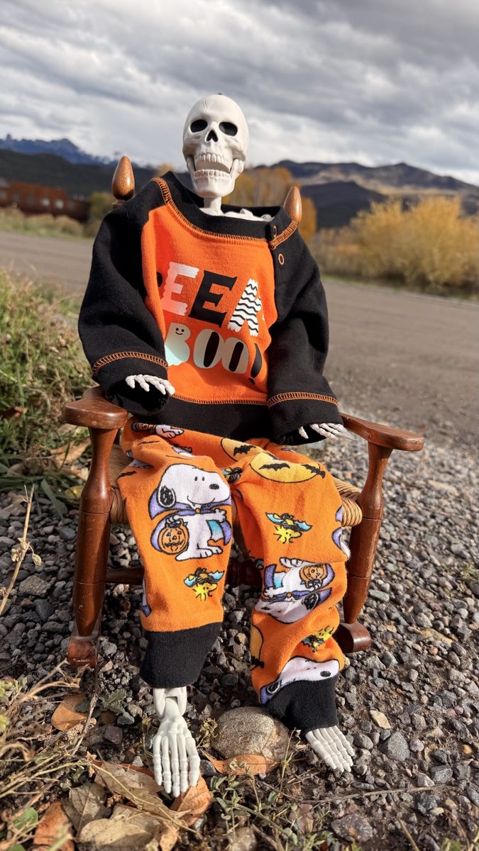 Photograph of a decorative skeleton wearing orange clothing in an outdoor chair.