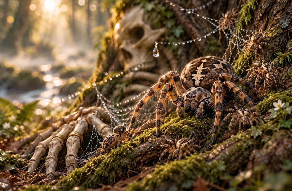 A spider and moss-covered skeleton beside a tree in warm forest light.