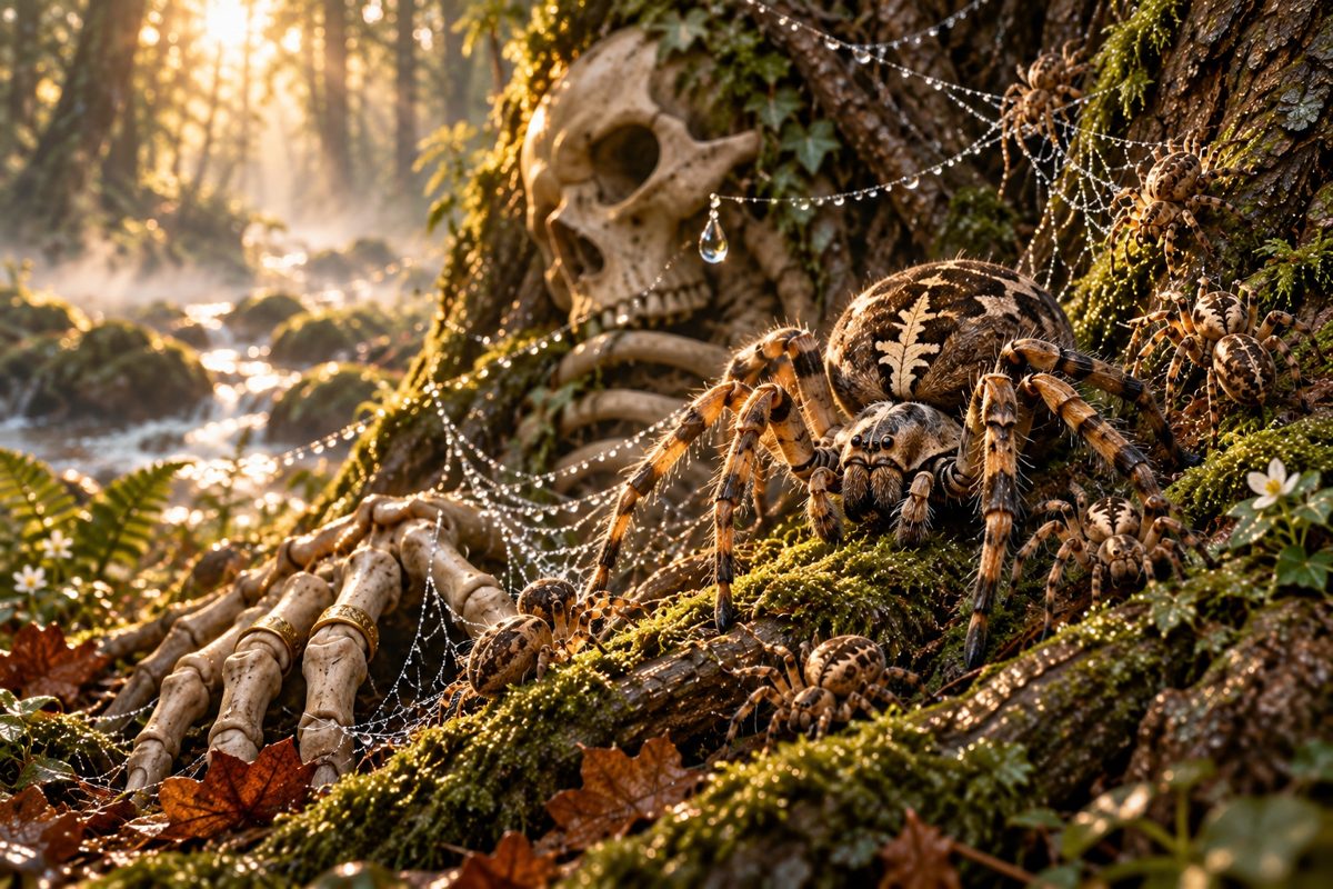 A spider beside a moss-covered skull and skeletal hand in a sunlit forest.
