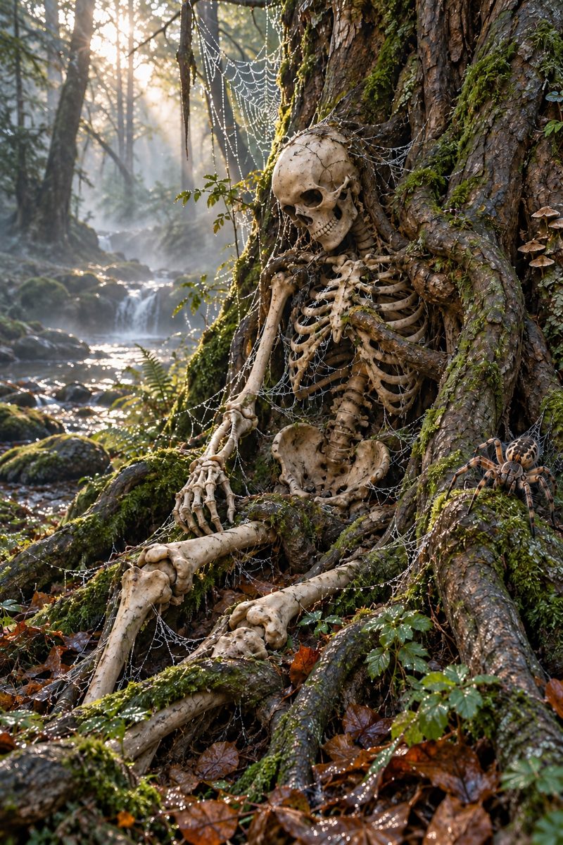 A skeleton resting among moss-covered tree roots beside a forest stream.