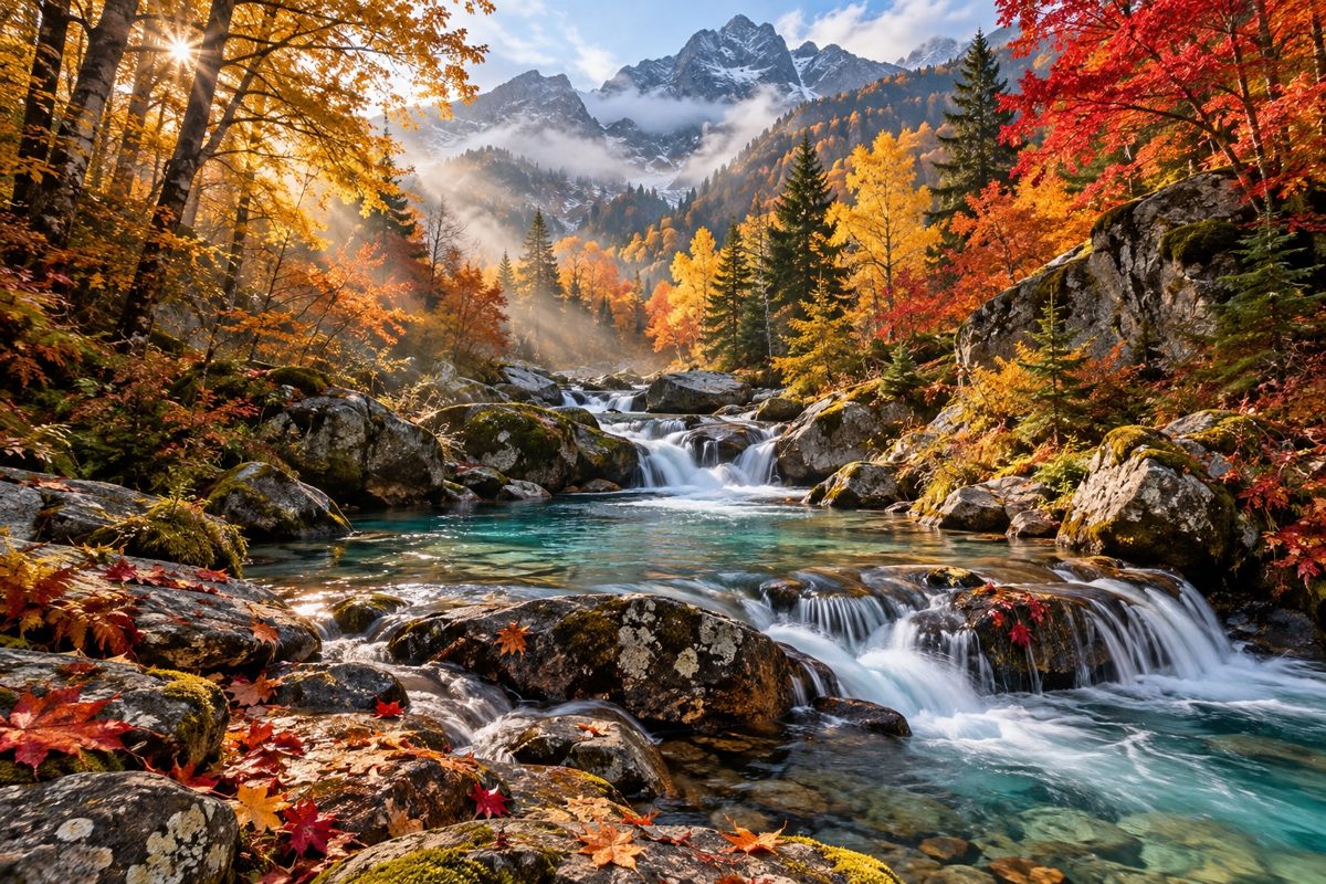 An autumn mountain landscape with a clear cascading stream and colorful trees.