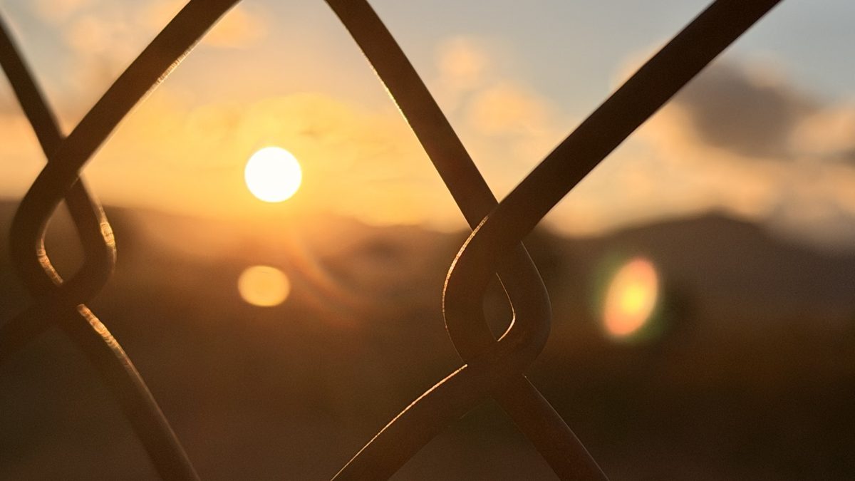 Close view of a chain-link fence silhouetted against a golden sunset.