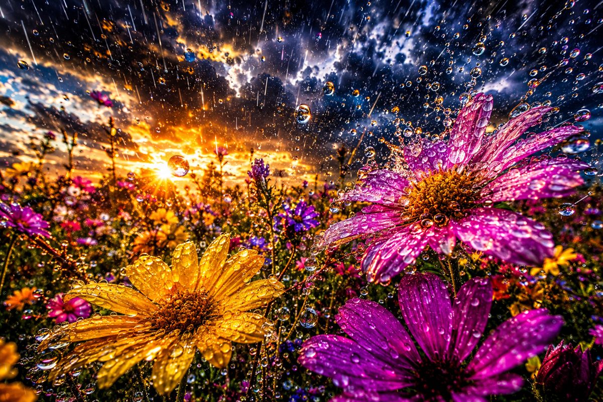 Vivid yellow and magenta flowers covered in water droplets beneath a dramatic sunset.