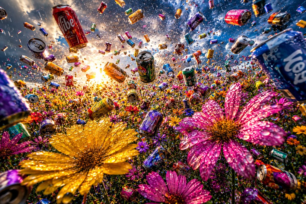 Colorful drink cans floating above a field of bright flowers at sunset.