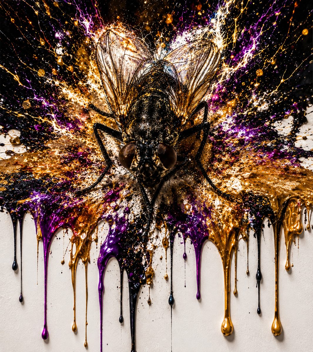 A detailed fly surrounded by splashes and drips of gold, purple, and black paint.