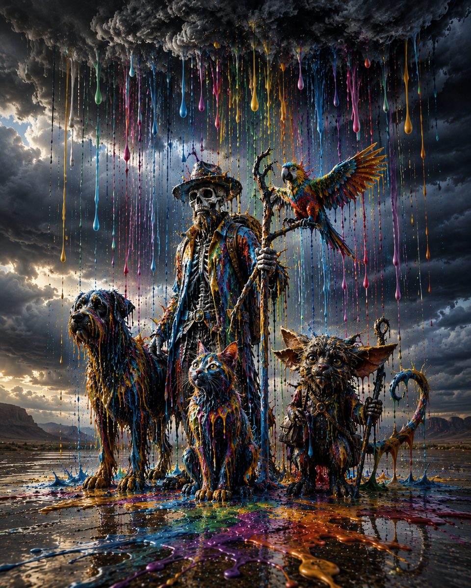 A bearded skeleton traveler and animal companions beneath clouds dripping colorful paint.