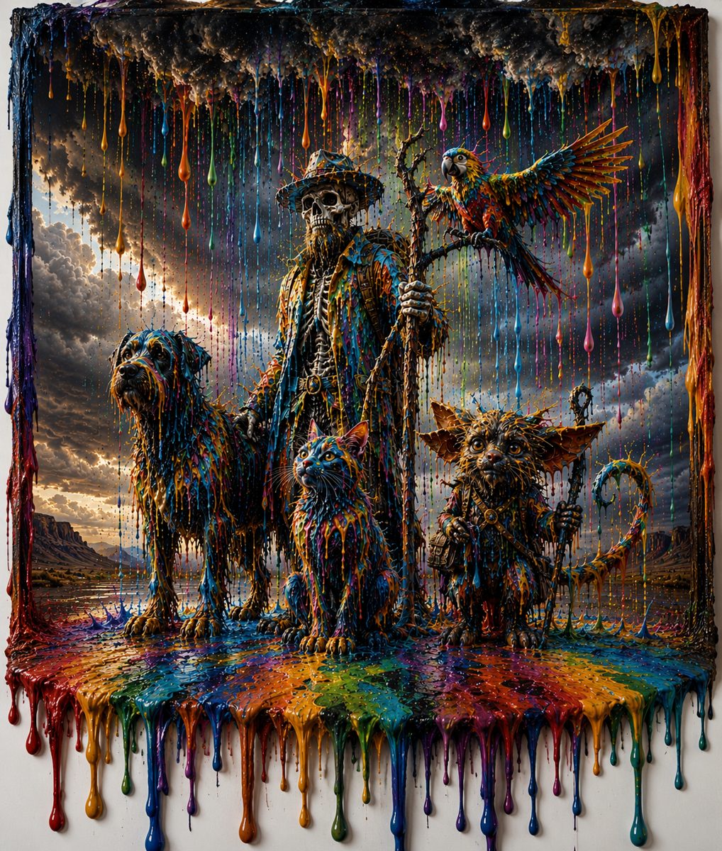 A framed scene of a skeleton traveler and animal companions with colorful paint dripping over the frame.