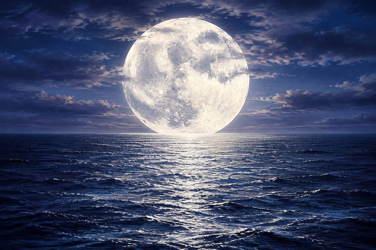 A huge luminous full moon above a dark blue ocean.
