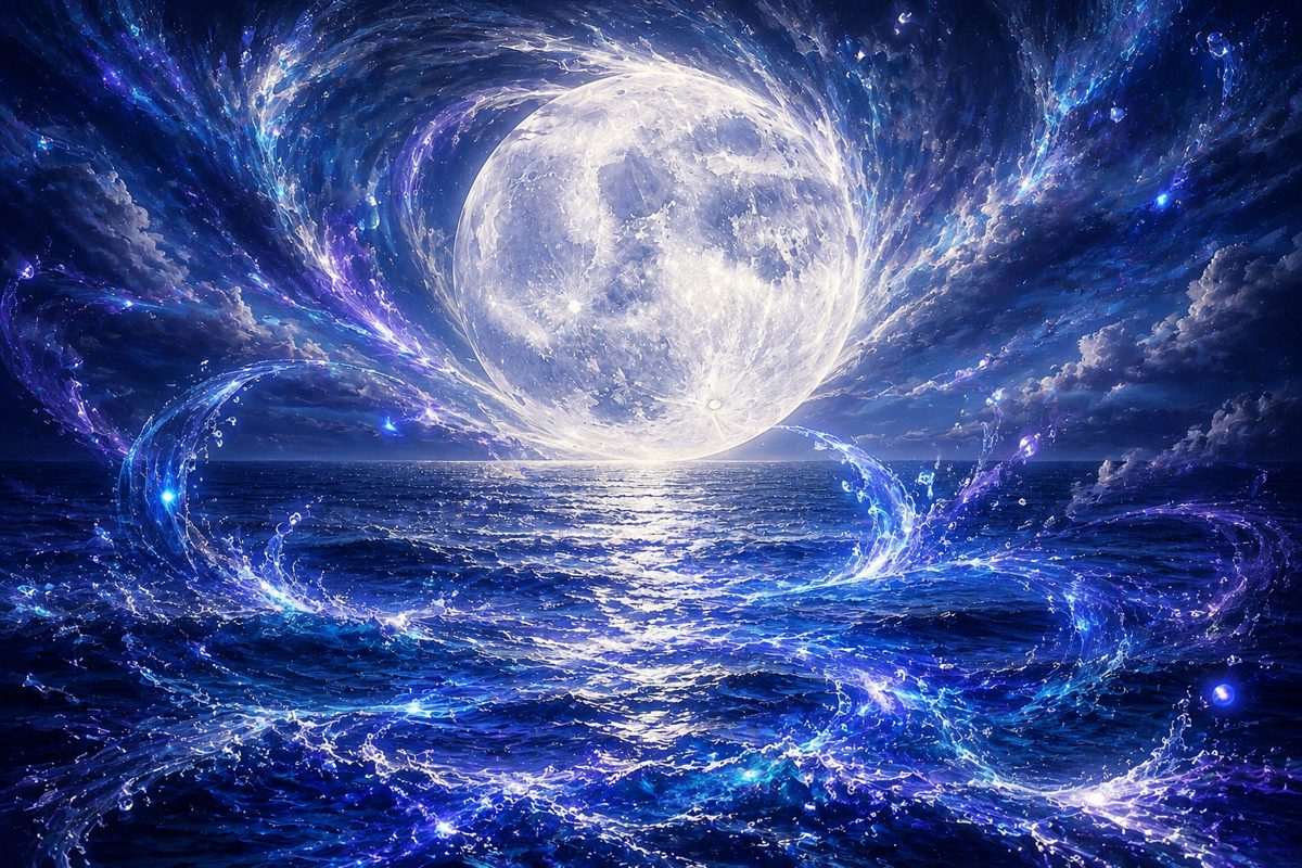 A luminous moon above the ocean surrounded by swirling blue light.