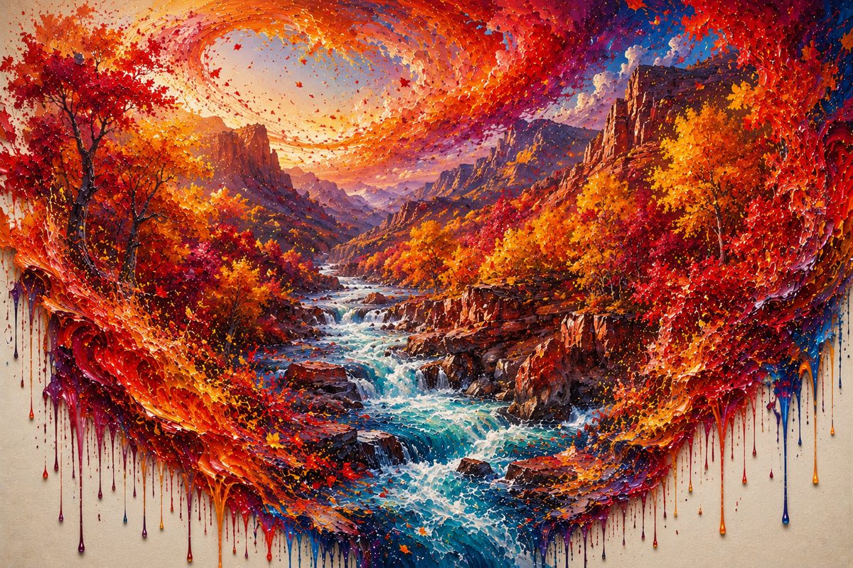 An autumn canyon and cascading river framed by swirling red and orange paint.
