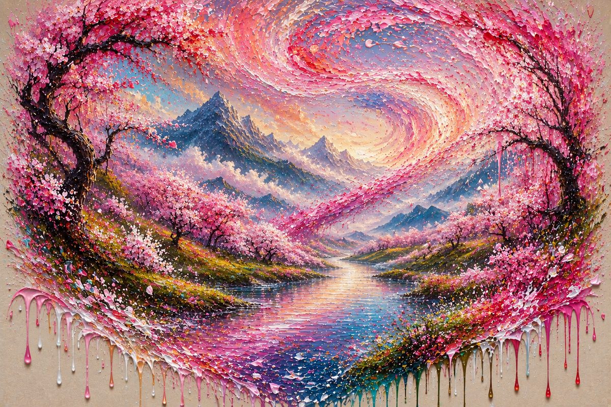 Cherry blossom trees and mountains beside a river beneath swirling pink paint.