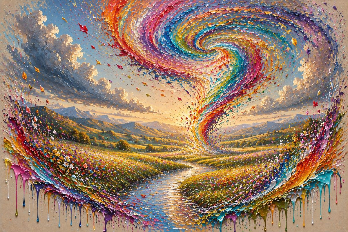 A rainbow swirl of paint above a meadow and winding stream.