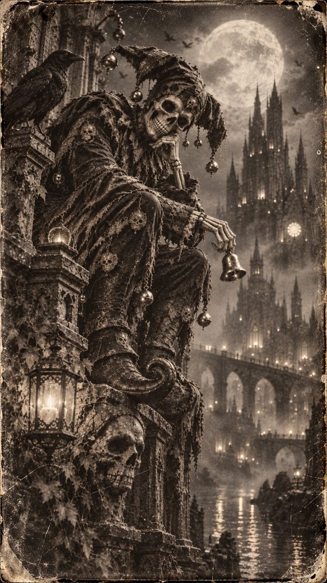 Sepia artwork of a skeletal jester with a raven and lantern before a moonlit Gothic castle.