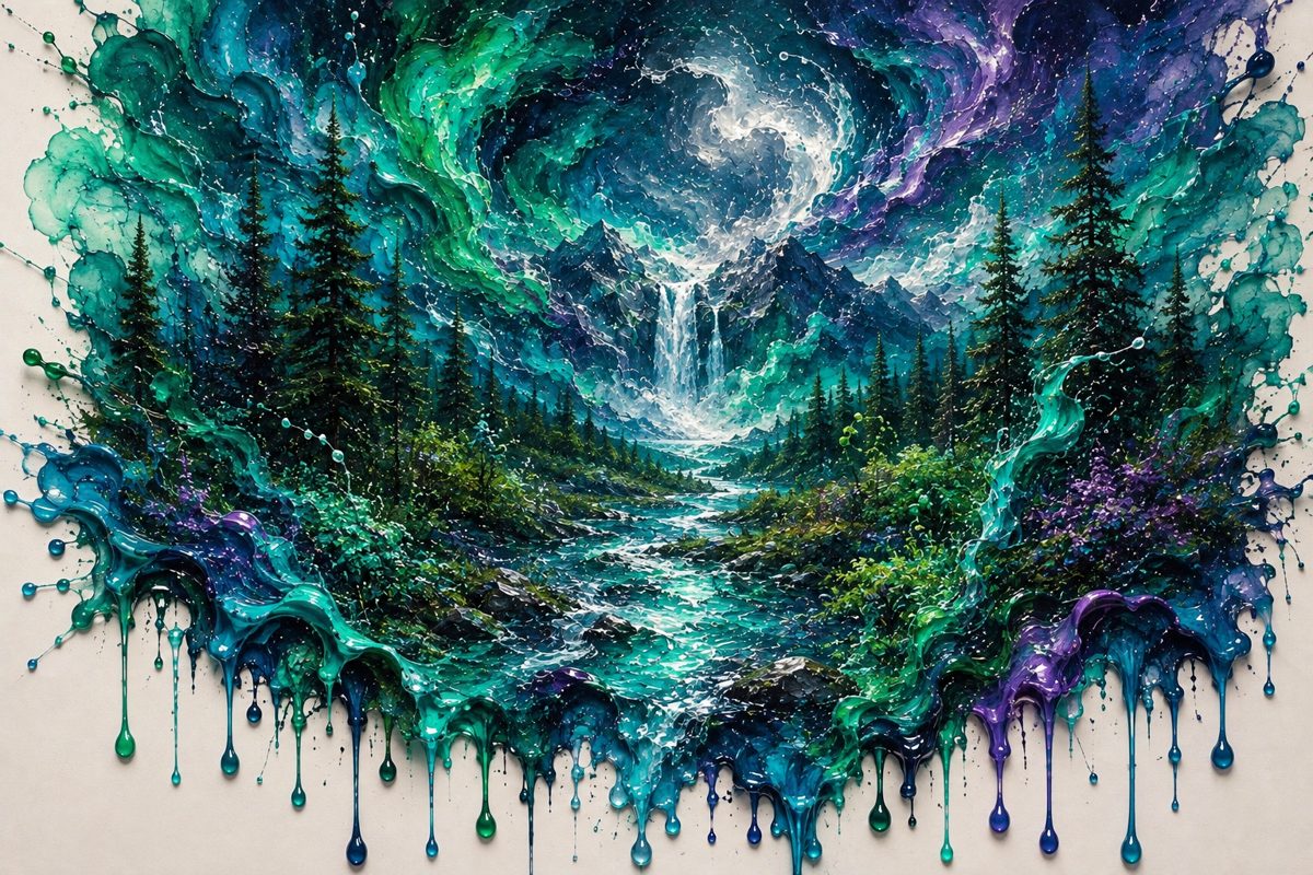 A mountain waterfall and evergreen forest surrounded by swirling teal, green, and purple paint.