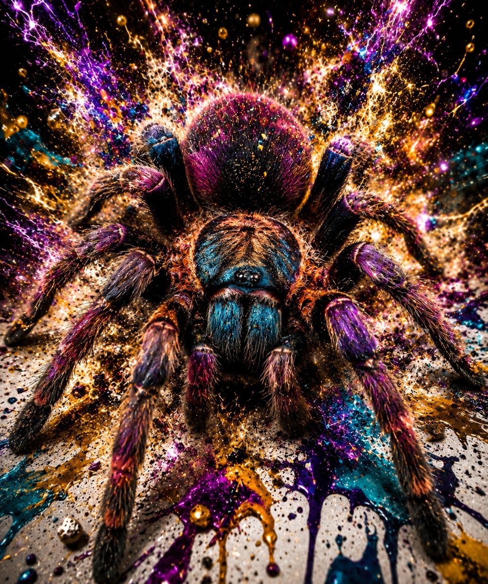 A colorful tarantula amid vivid gold, purple, and blue paint splashes.