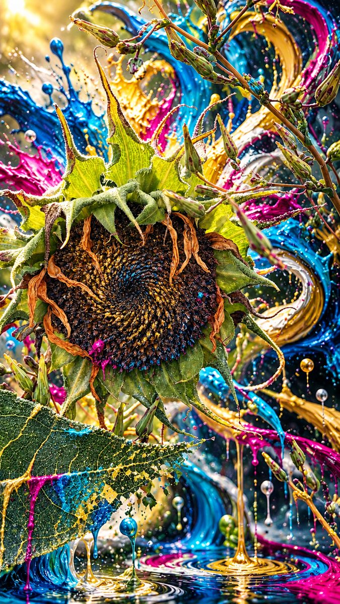 A drooping sunflower and seed head surrounded by flowing blue, gold, and magenta paint.