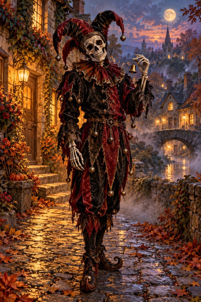 A skeletal jester holding a brass bell on a lantern-lit village path at dusk.