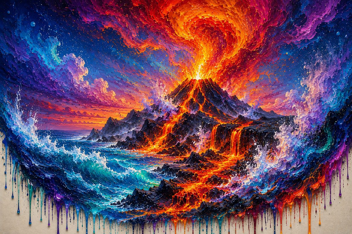 An erupting island volcano surrounded by crashing waves and swirling paint.