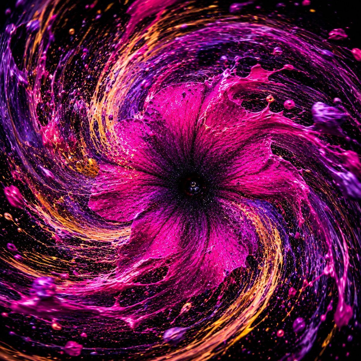 A magenta flower transformed into a spiral of purple and gold paint.